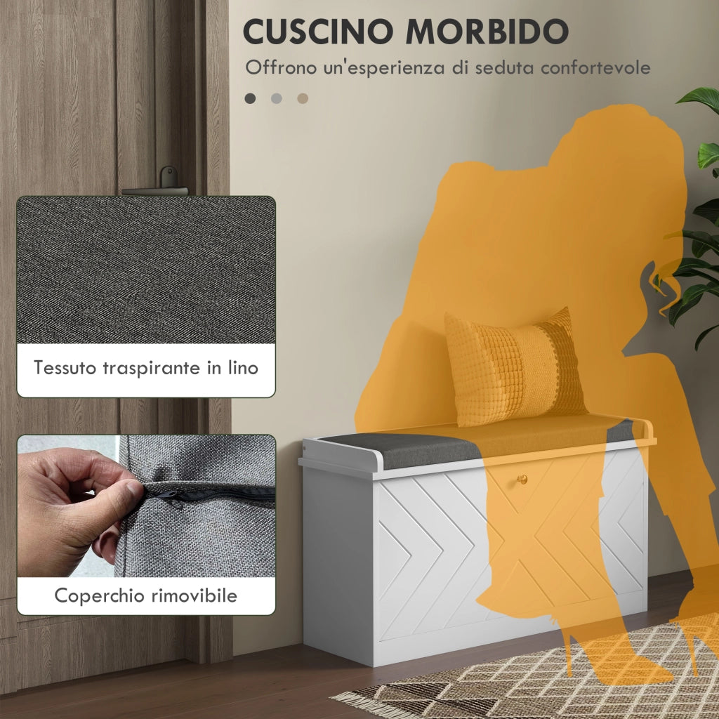 Panca Scarpiera Salvaspazio con Cuscino e Cassetto Ribaltabile per 8 Paia di Scarpe, 80x26x44.5 cm, Bianco