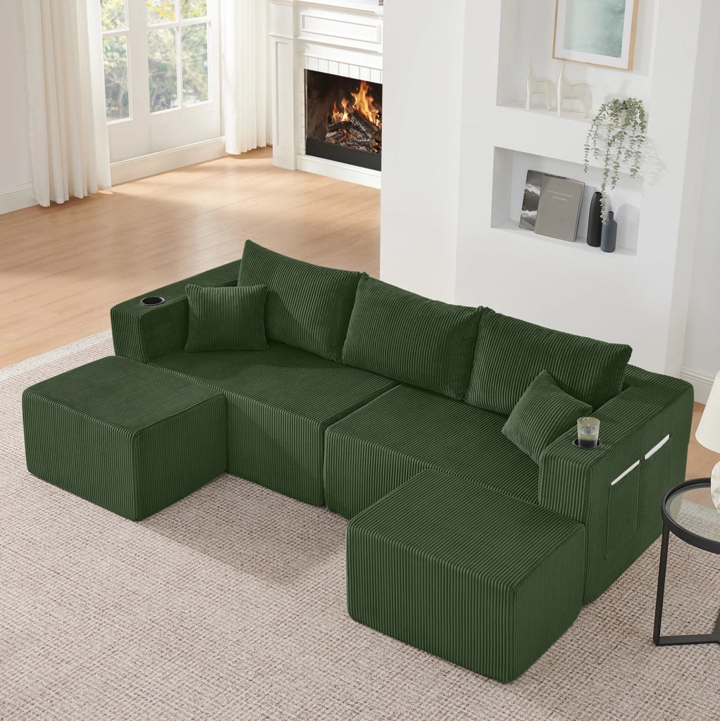 Divano angolare modulare 3 posti con 2 pouf mobili; portabicchieri e tasche laterali; verde