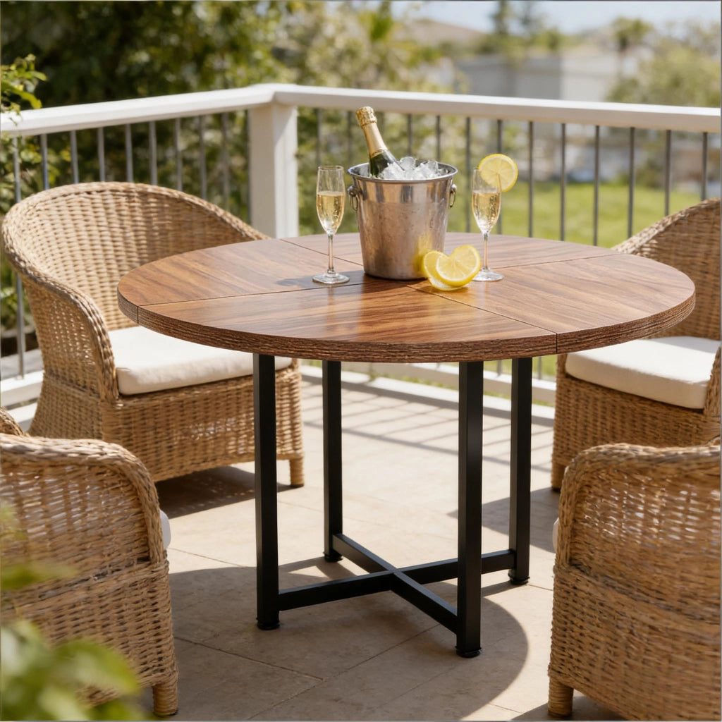 Tavolo da pranzo rotondo da 4 a 6 persone, stile industriale, in metallo e legno, nero e marrone, diametro 120 cm