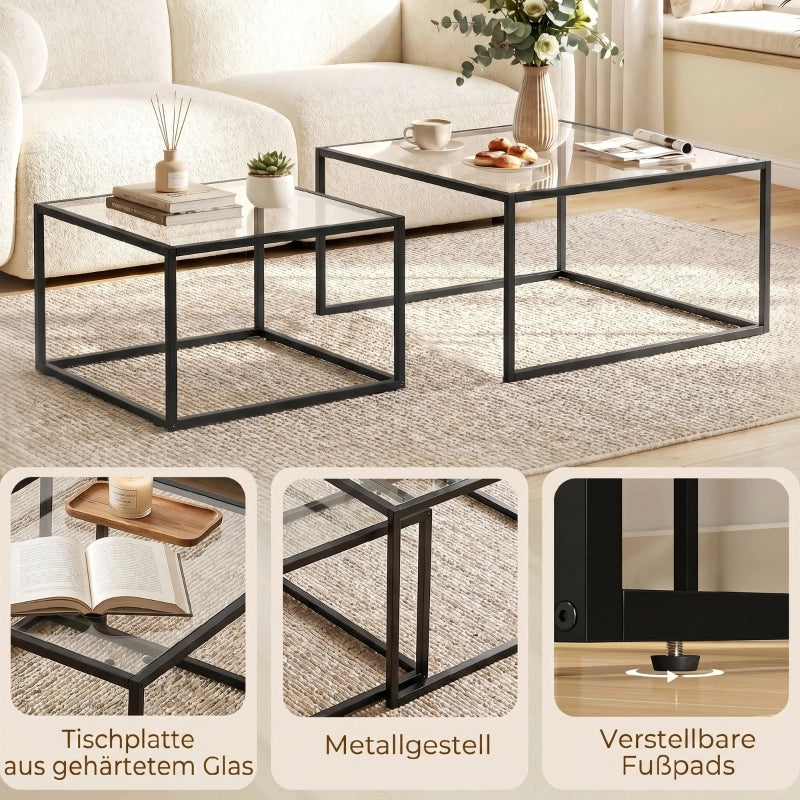 Tavolini bassi a incastro rotondi set di 2 con vetro temperato e telaio in metallo nero per soggiorno