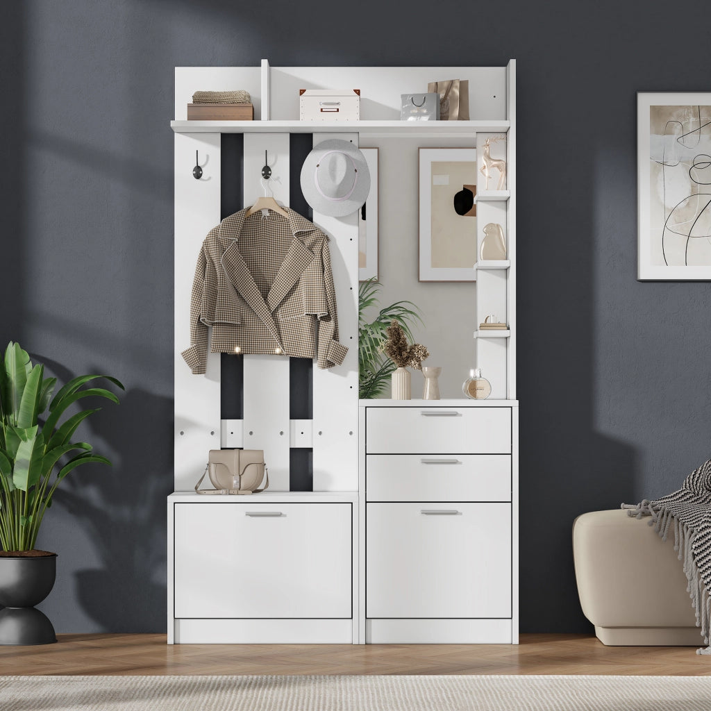 Guardaroba con specchio appendiabiti 2 cassetti e 2 scarpiere a ribalta in MDF bianco 110 × 34 × 185 cm