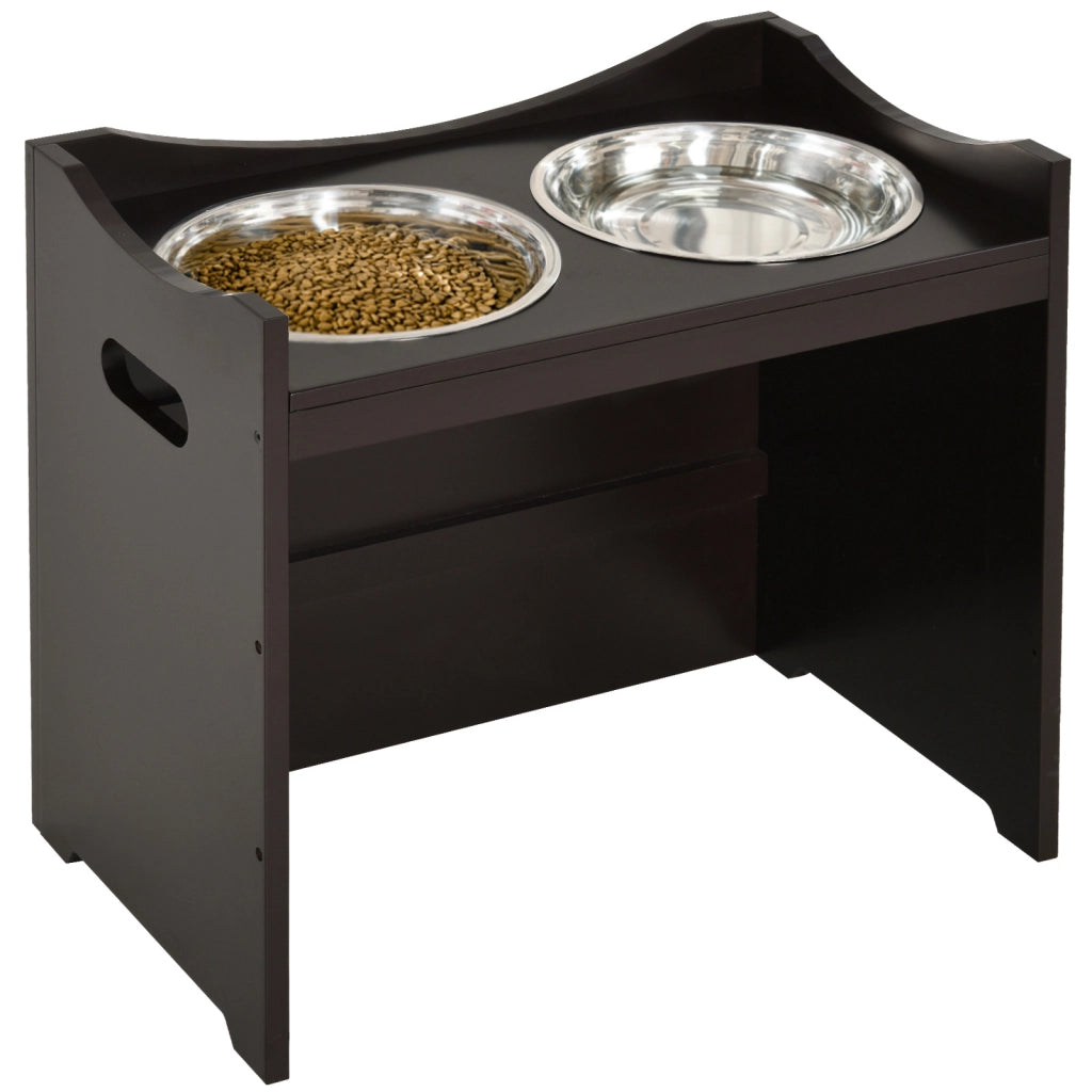 Stazione di alimentazione per cani e gatti con ciotola regolabile in altezza, in acciaio inox, MDF, marrone scuro, 54x31,5x47 cm.