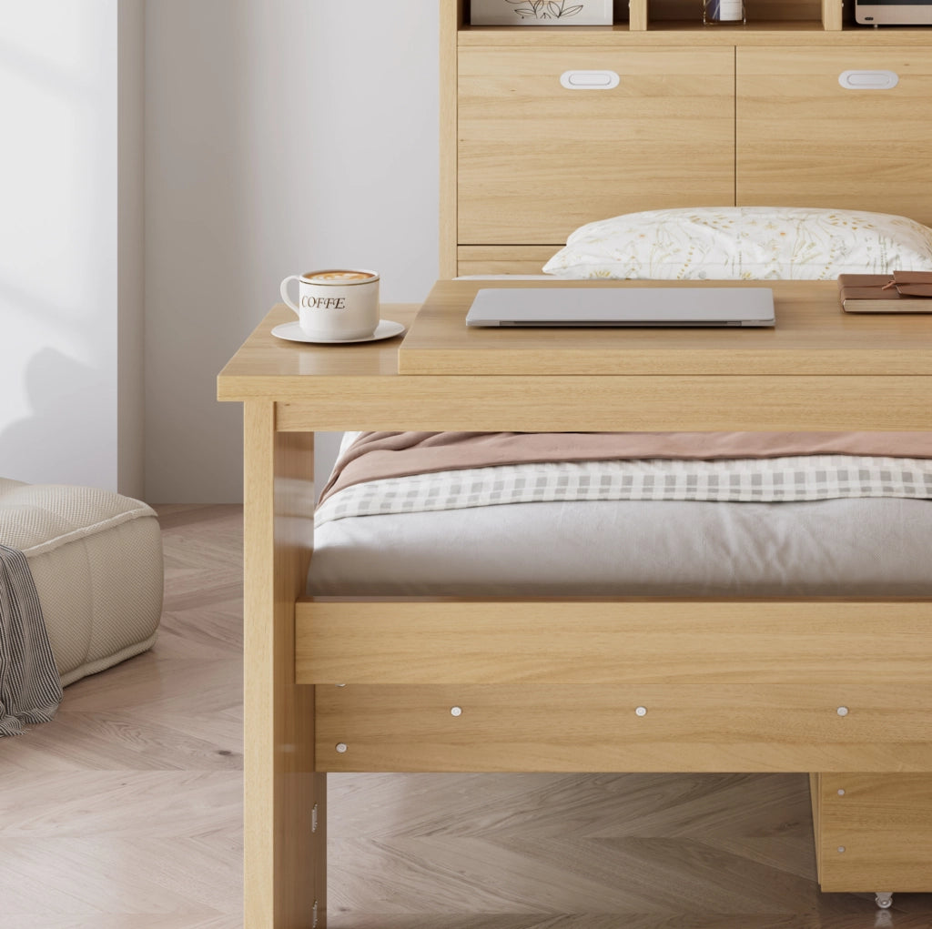 Letto singolo ULEVR 90x200 cm con cassetto, ripiano testiera e tavolo pieghevole regolabile, rovere naturale