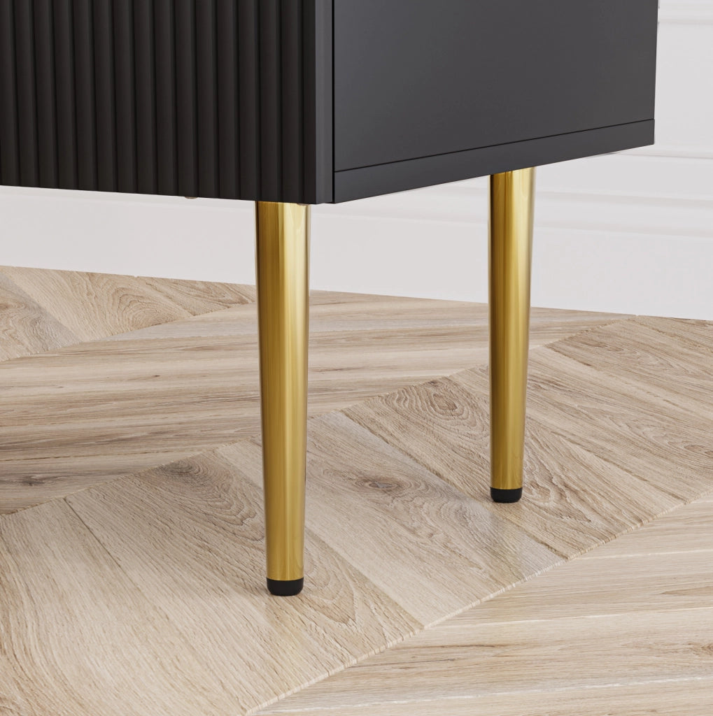 Comodino nero in MDF e metallo con motivo verticale e 2 cassetti