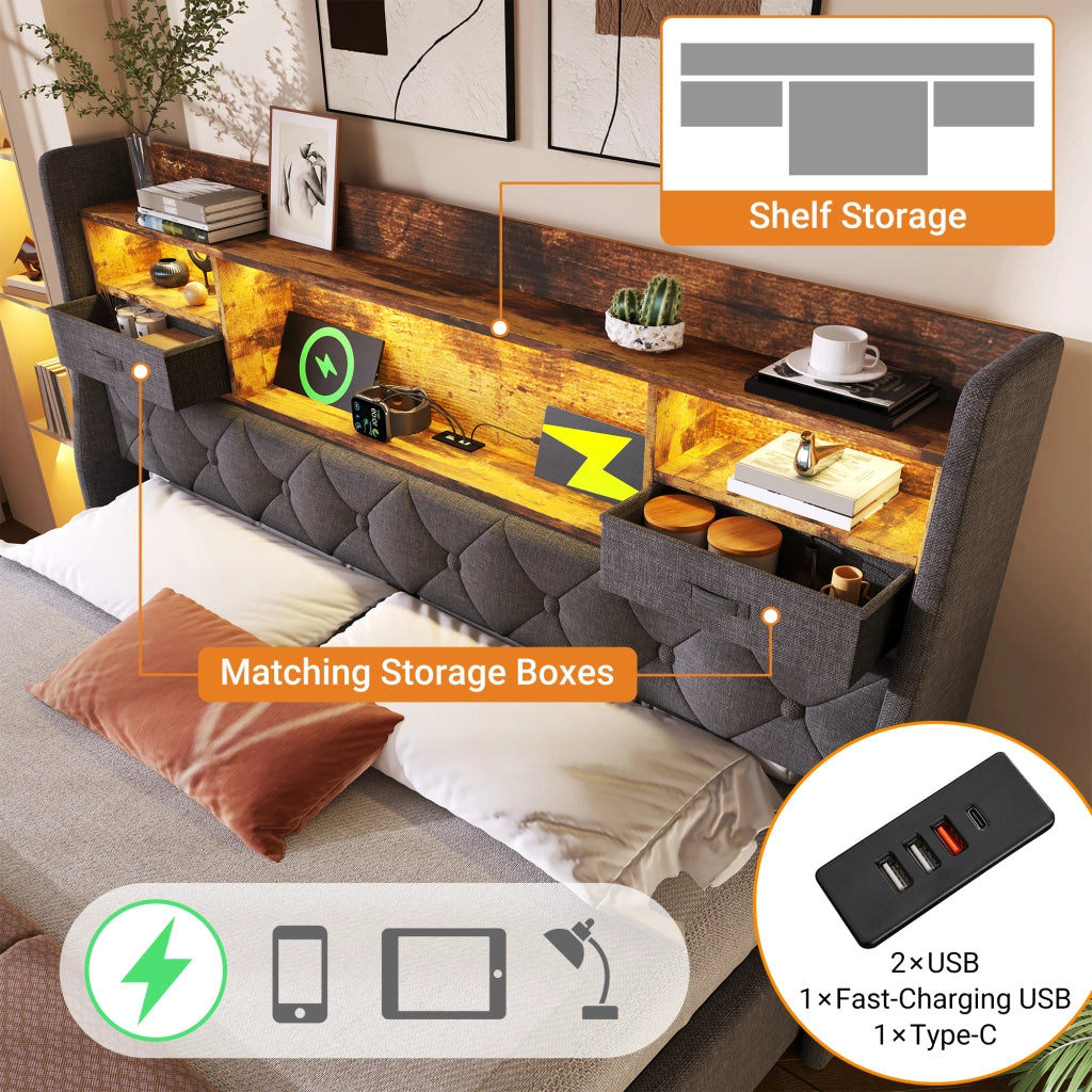 Letto matrimoniale 180 × 200 cm 2 posti con contenitore idraulico; LED; 3 USB e Type-C; senza materasso; in lino grigio