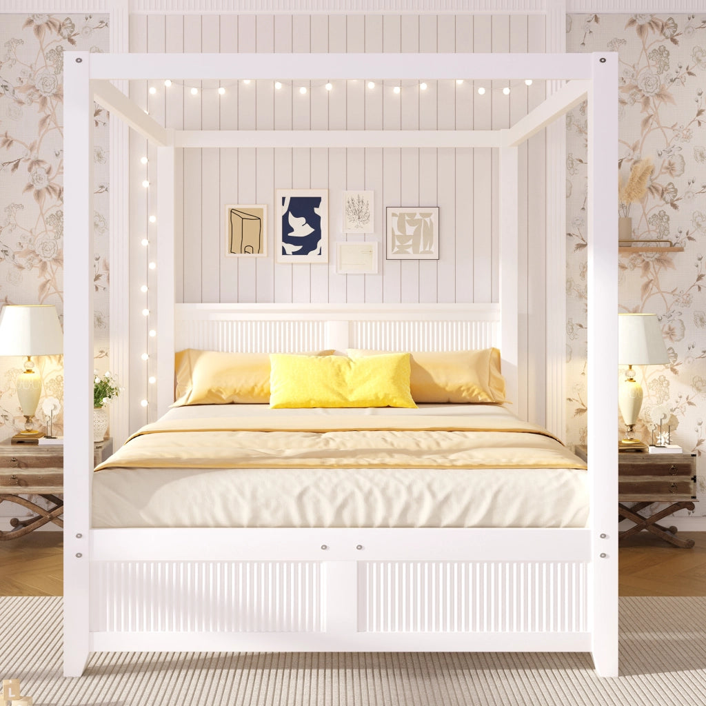 Letto con testiera 140 × 200 cm in legno e MDF bianco con telaio a baldacchino e elementi verticali