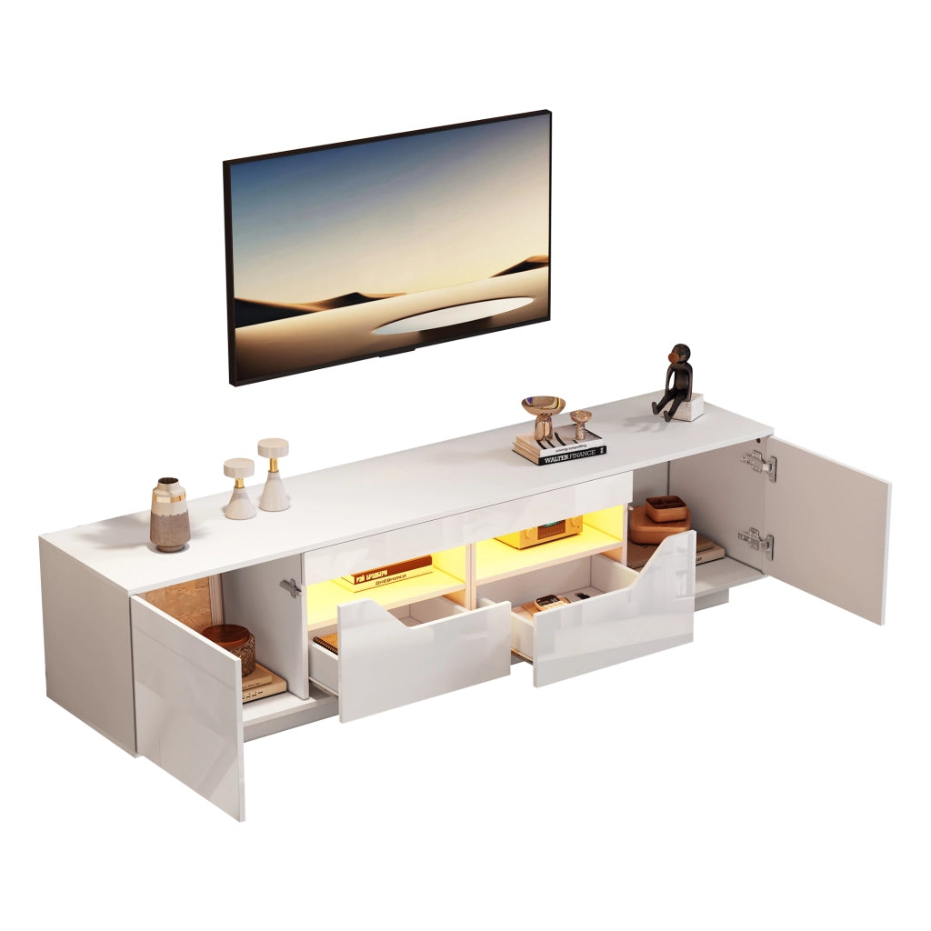 Mobile TV LED con 2 cassetti, 2 ante e 2 vani semichiusi, finitura lucida, per soggiorno, bianco, 180 × 40 × 45 cm