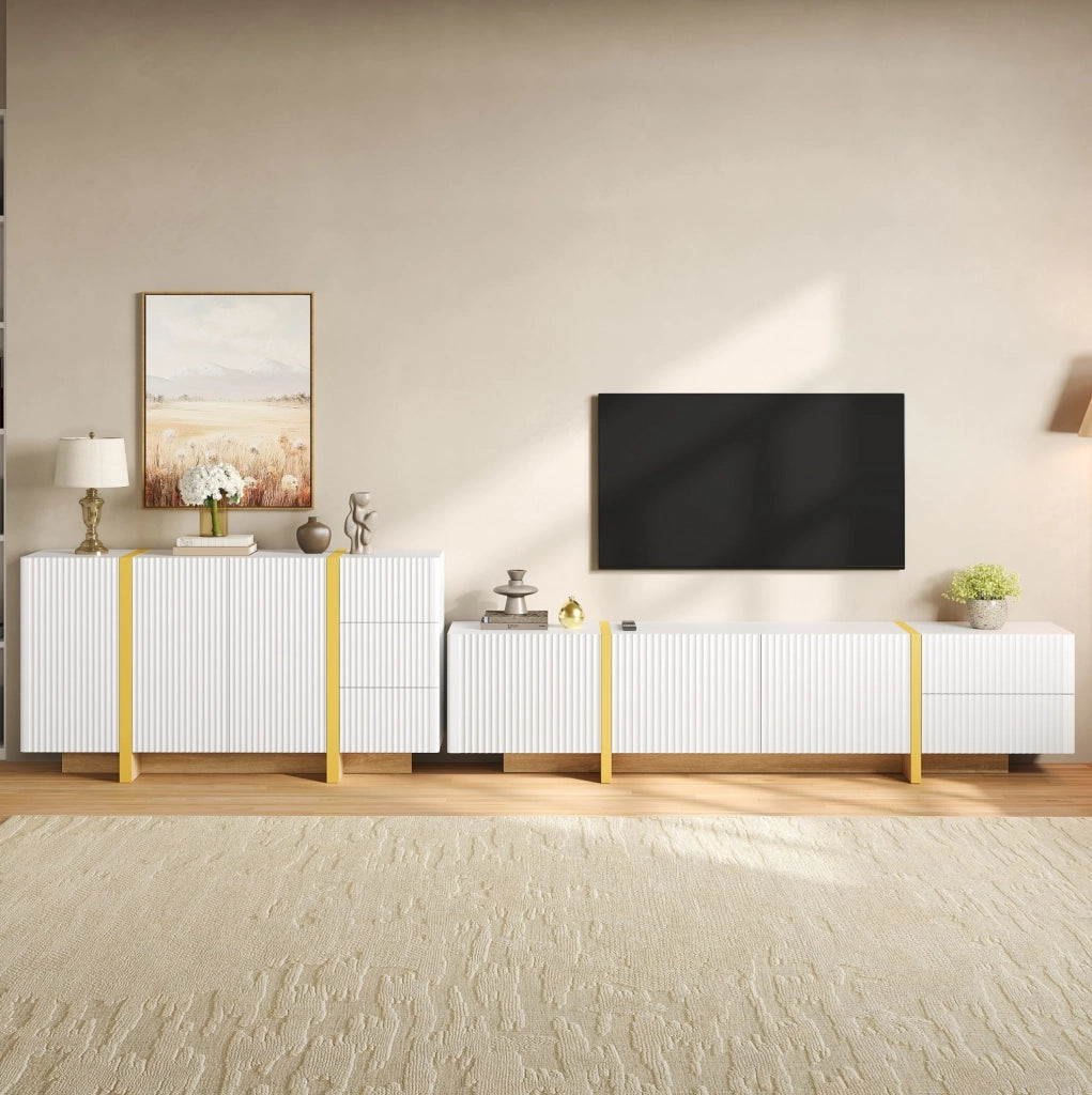 Set mobile TV e sideboard bianco con frontali a rilievo HOMVRA