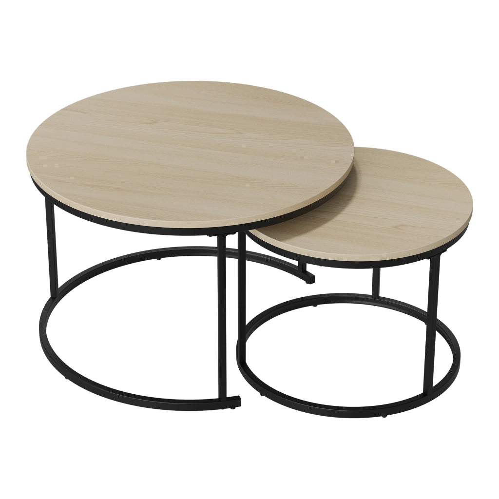 Tavolini bassi a incastro rotondi in truciolare color rovere con gambe in metallo 70 × 70 × 45 cm
