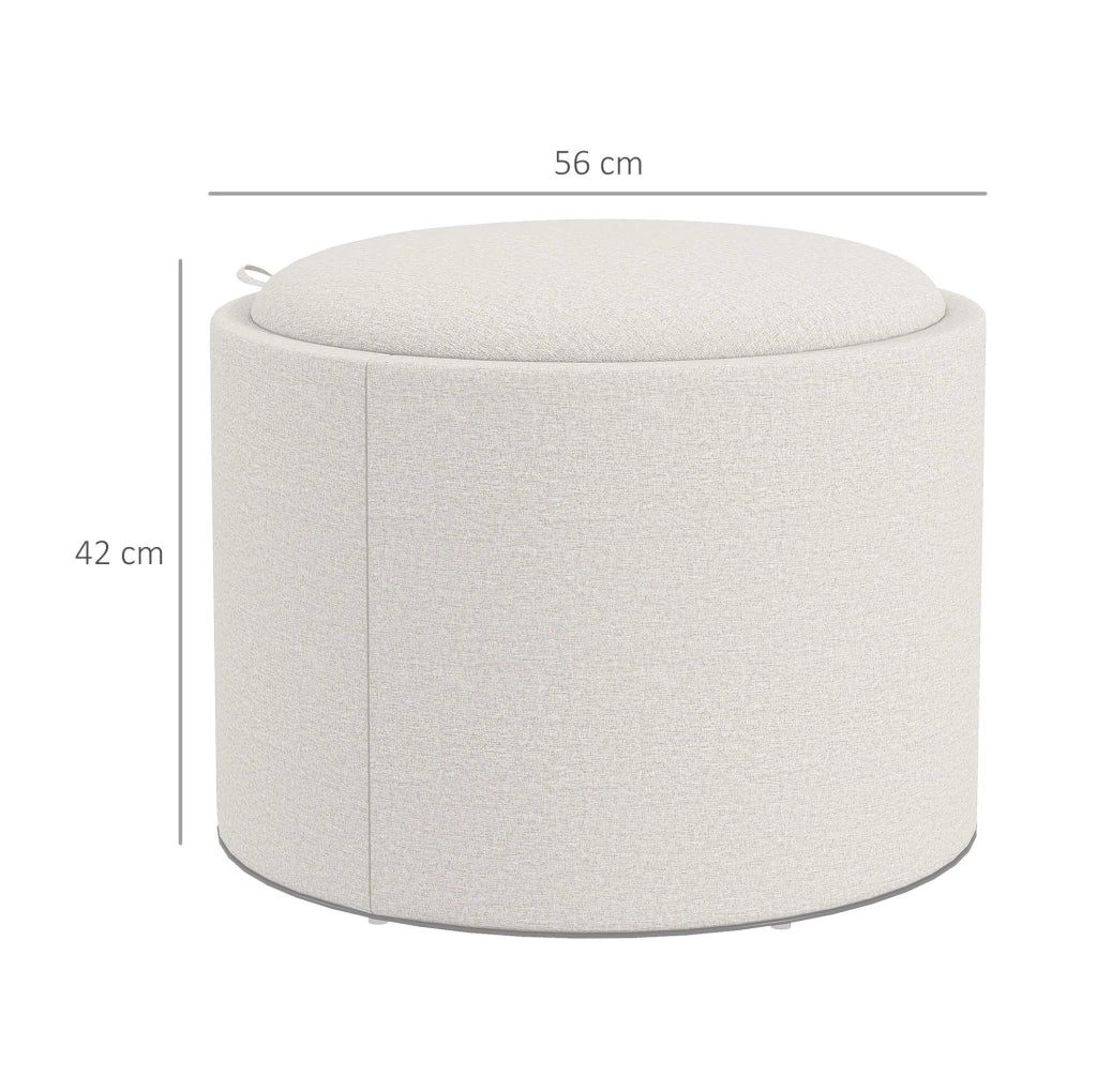 Pouf rotondo ULEVR ?56x42 cm con vano contenitore e coperchio reversibile, effetto lino bianco crema