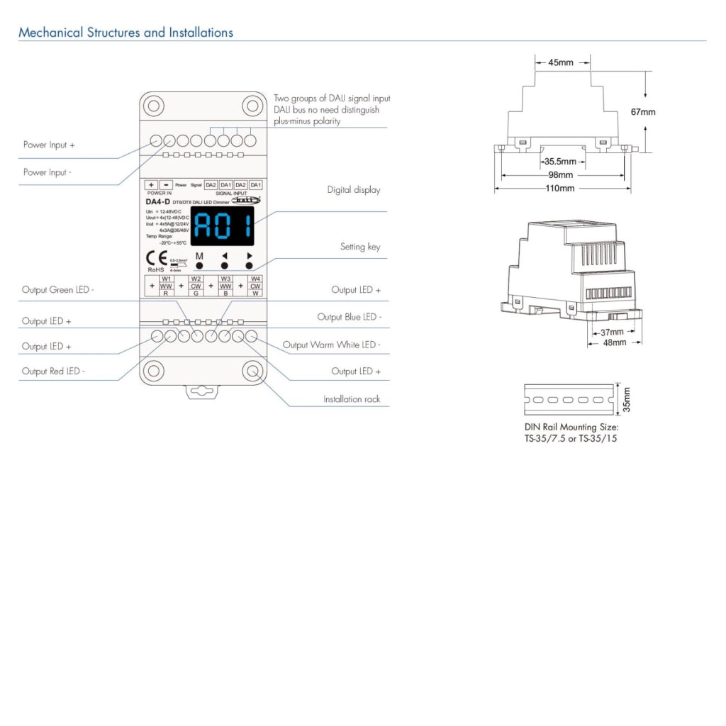 Dimmer DALI 4 Canali Guida DIN, Con Display Digitale, 4X5A@12V/24V, 4X3A@36V/48V, Dimmerabile AC Push Dim, DALI-2, PWM, 4 Indirizzi, DT6 DT8 per Strisce LED Monocolore CCT RGB RGBW