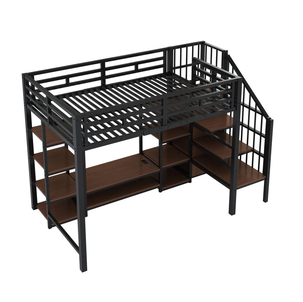 Letto a soppalco 90x200 cm con supporto TV, presa e scala in metallo nero