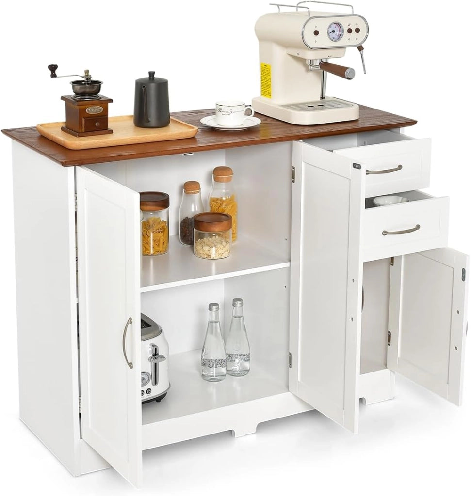 Credenza Buffet, Armadio di Stoccaggio Moderno con 2 Ante e 2 Cassetti, Ripiano Regolabile, Credenza Armadio di Stoccaggio per Cucina, Sala da Pranzo, Bianco