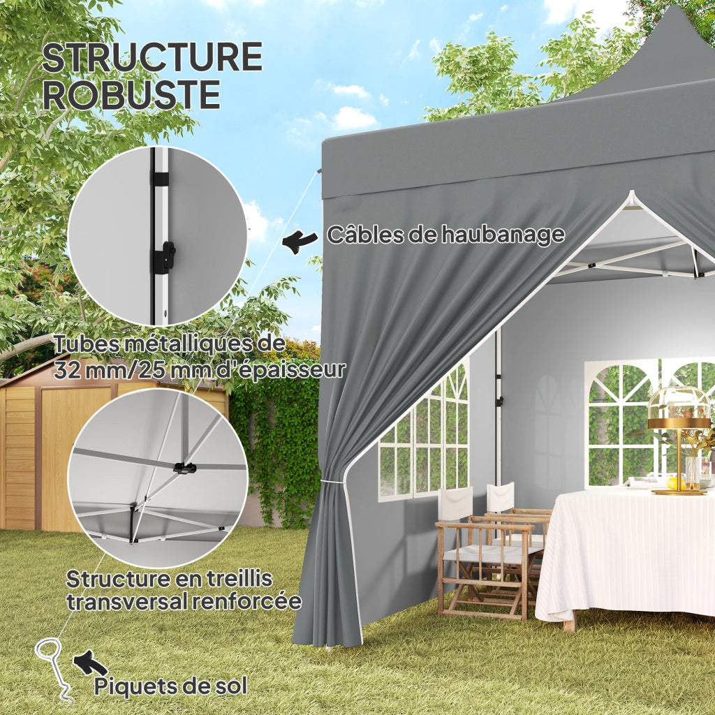 Gazebo pieghevole da giardino 3 x 3 m grigio con 4 pareti rimovibili 3 finestre altezza regolabile e borsa di trasporto