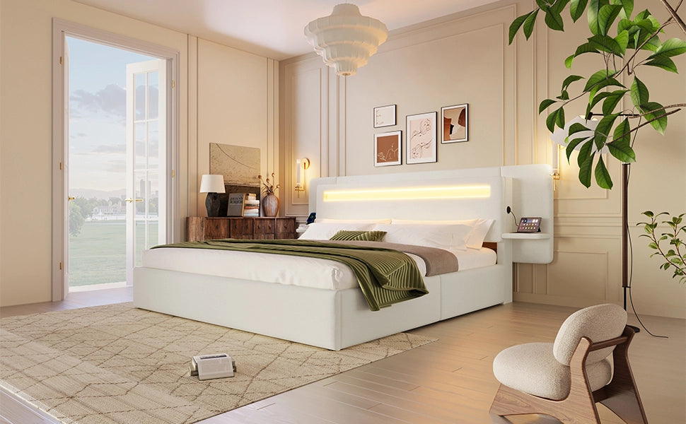 Letto imbottito 180 × 200 cm in lino beige con vano contenitore idraulico LED multicolore USB e comodino