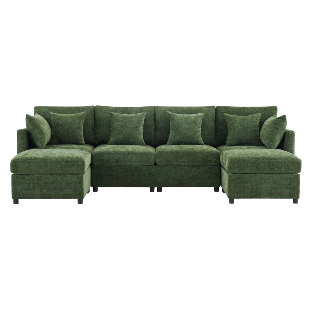 Divano modulare 4-6 posti in chenille verde con 2 pouf e 6 cuscini; 278x161x81 cm