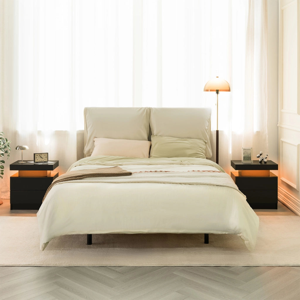 Comodino con 2 cassetti, vano aperto e luci LED regolabili per camera da letto e soggiorno in legno ingegnerizzato nero