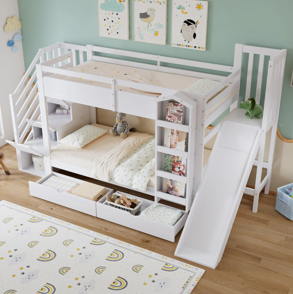 Letto a castello per bambini con scivolo, due cassetti su rotelle e scaletta con armadietto, bianco 90x200 cm