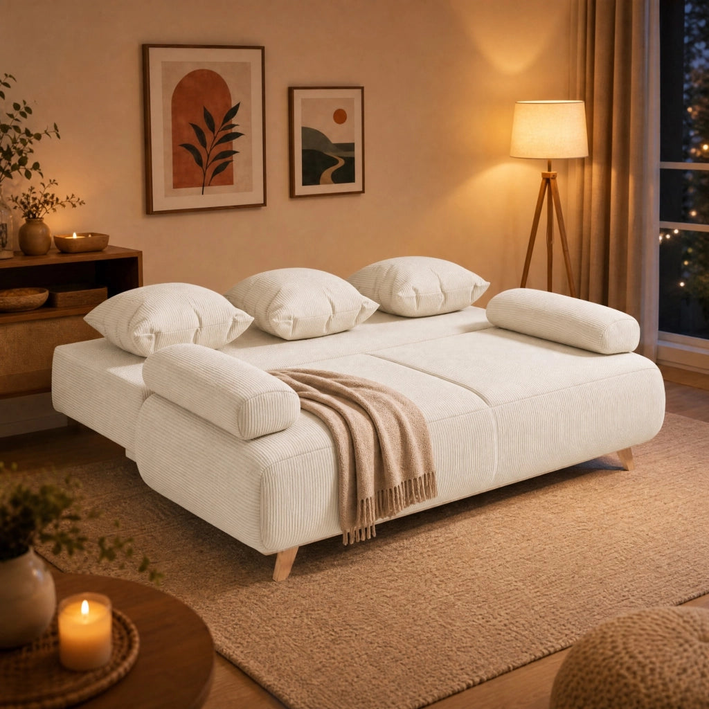 DIVANO LETTO 3 Posti con Contenitore 188x140 cm in Velluto a Coste Beige