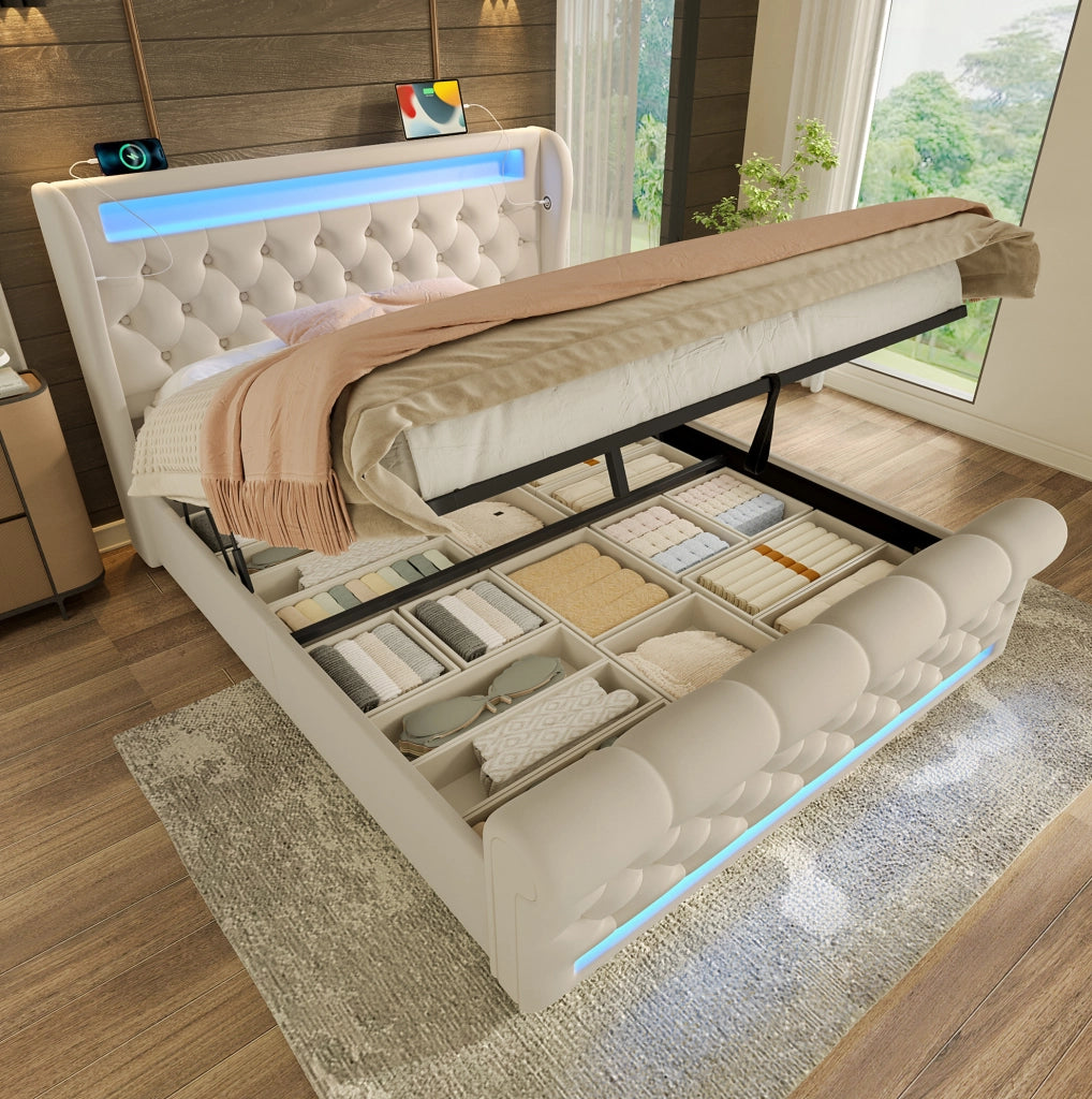 Letto imbottito matrimoniale beige 140x190 cm con LED, porta USB e Type-C, contenitore idraulico in velluto senza materasso