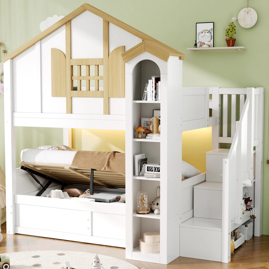 Letto a castello 90x200 cm con LED e scala contenitore