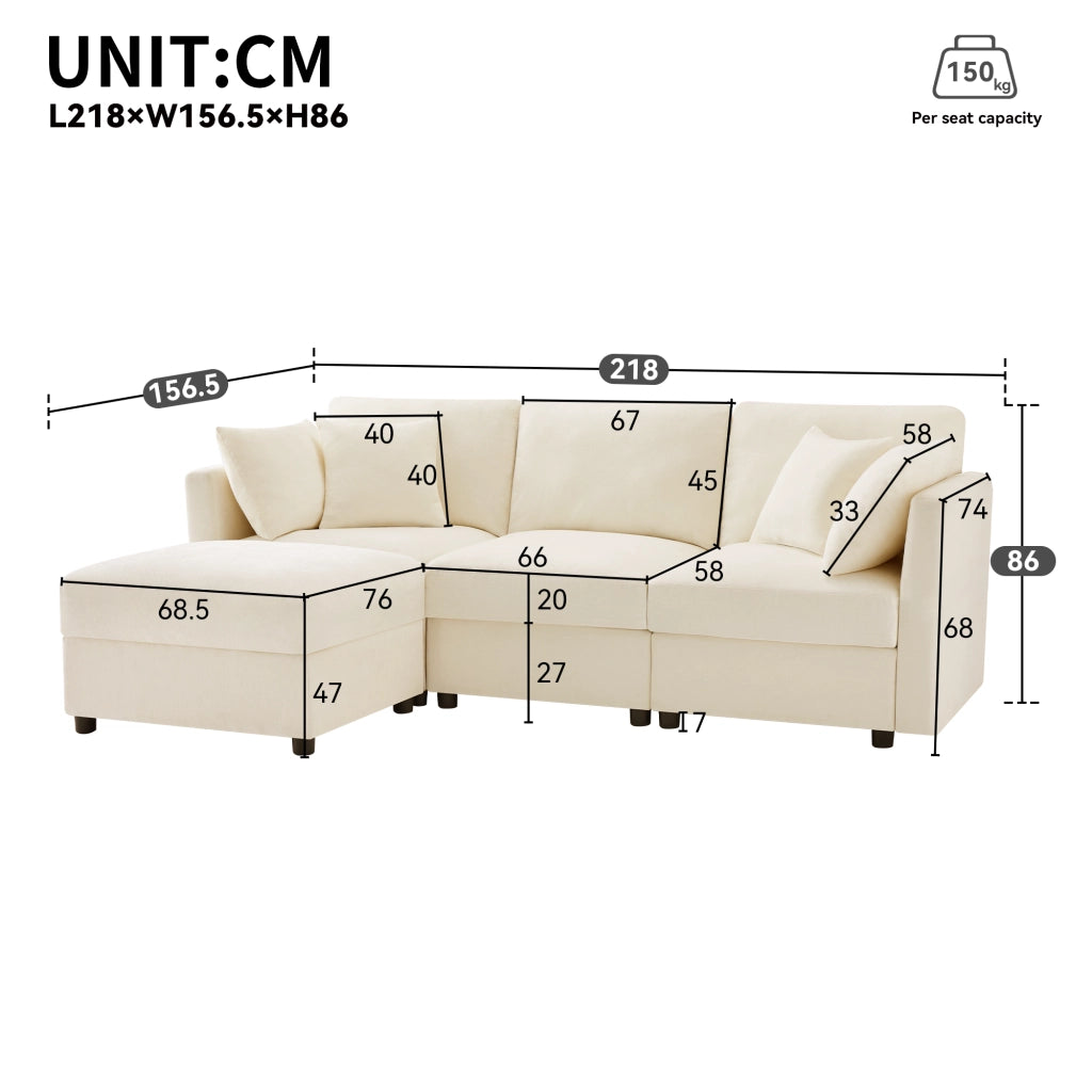Divano angolare 218x156,5 cm con pouf e braccioli regolabili in ciniglia beige