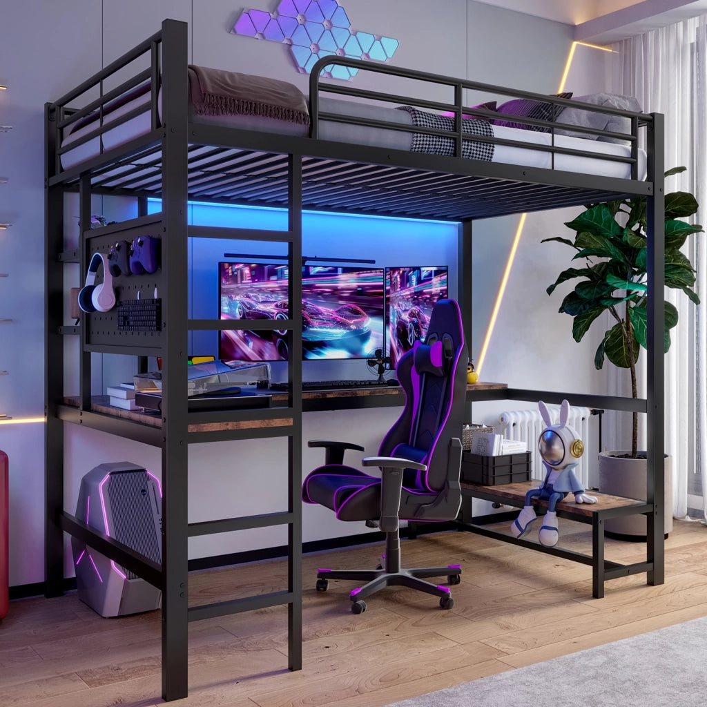 Letto a soppalco 90 × 200 cm con scrivania ripiani LED USB Type-C scala e barriera in metallo e MDF nero