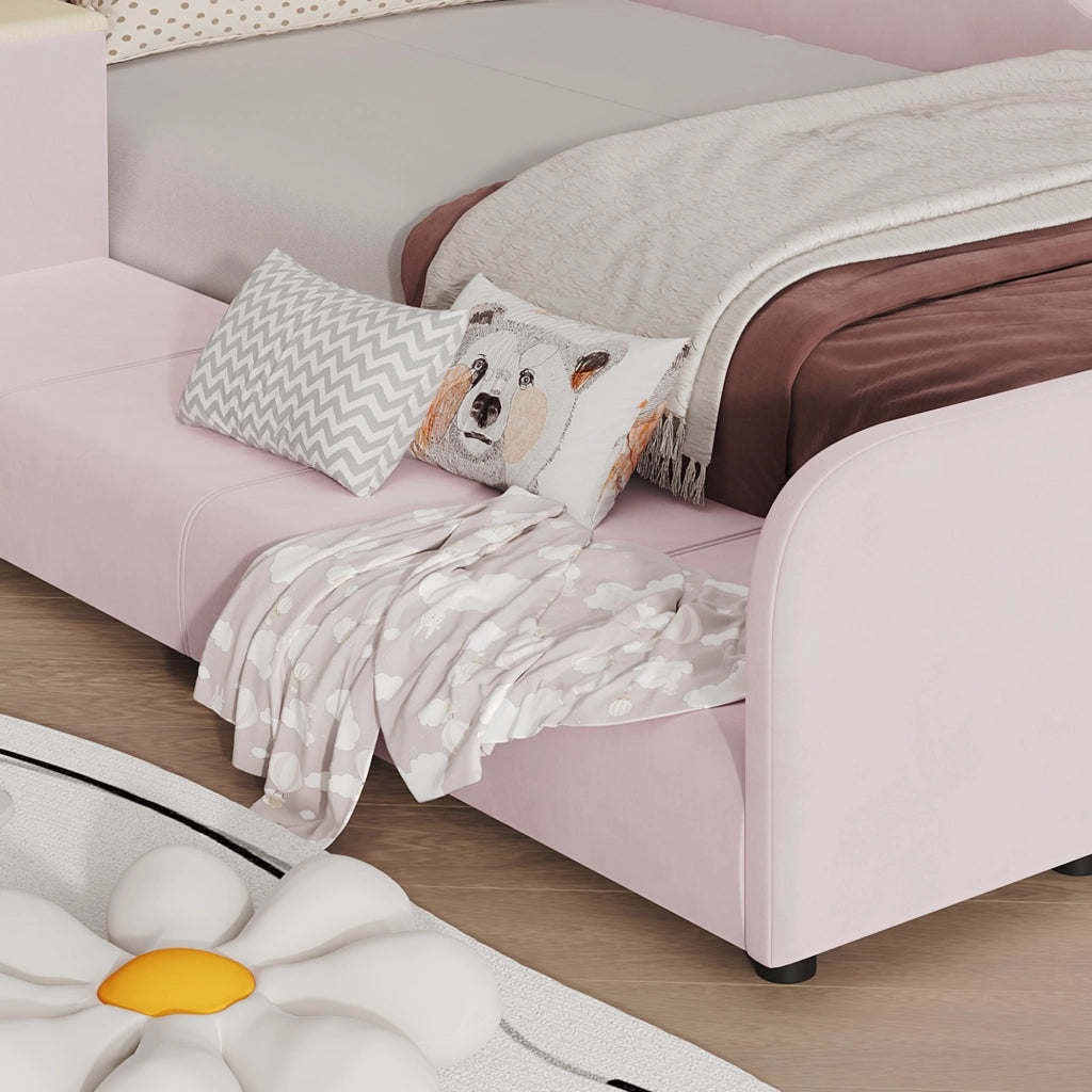 Letto imbottito 90 x 200 cm con LED e contenitori, scrivania integrata e sgabello, letto singolo in velluto rosa con rete a doghe