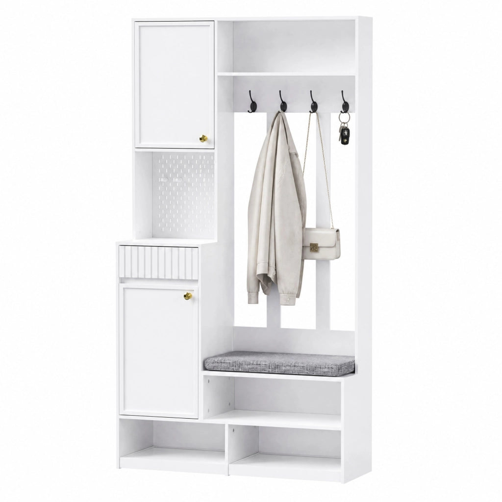Mobile ingresso 100x35x180 cm con panca imbottita; 2 cassetti e 4 ganci in MDF bianco
