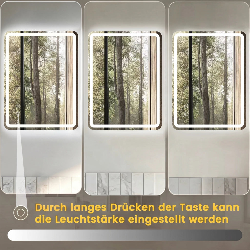 Specchio da bagno con luce dimmerabile; controllo touch e antiappannamento; montaggio orizzontale o verticale