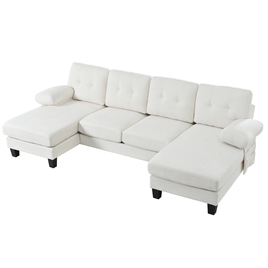 Divano a U per 4 persone in tessuto ciniglia beige con doppia chaise longue e cuscini comodi