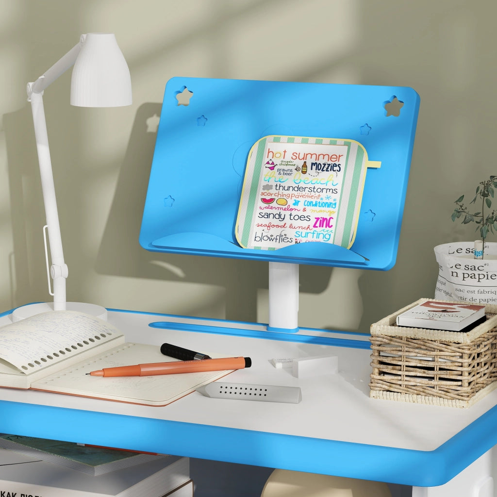 Scrivania e sedia per bambini con leggio portapenne gancio e cassetto 60x45x90-102 cm ¨C Xylo ¨C Blu