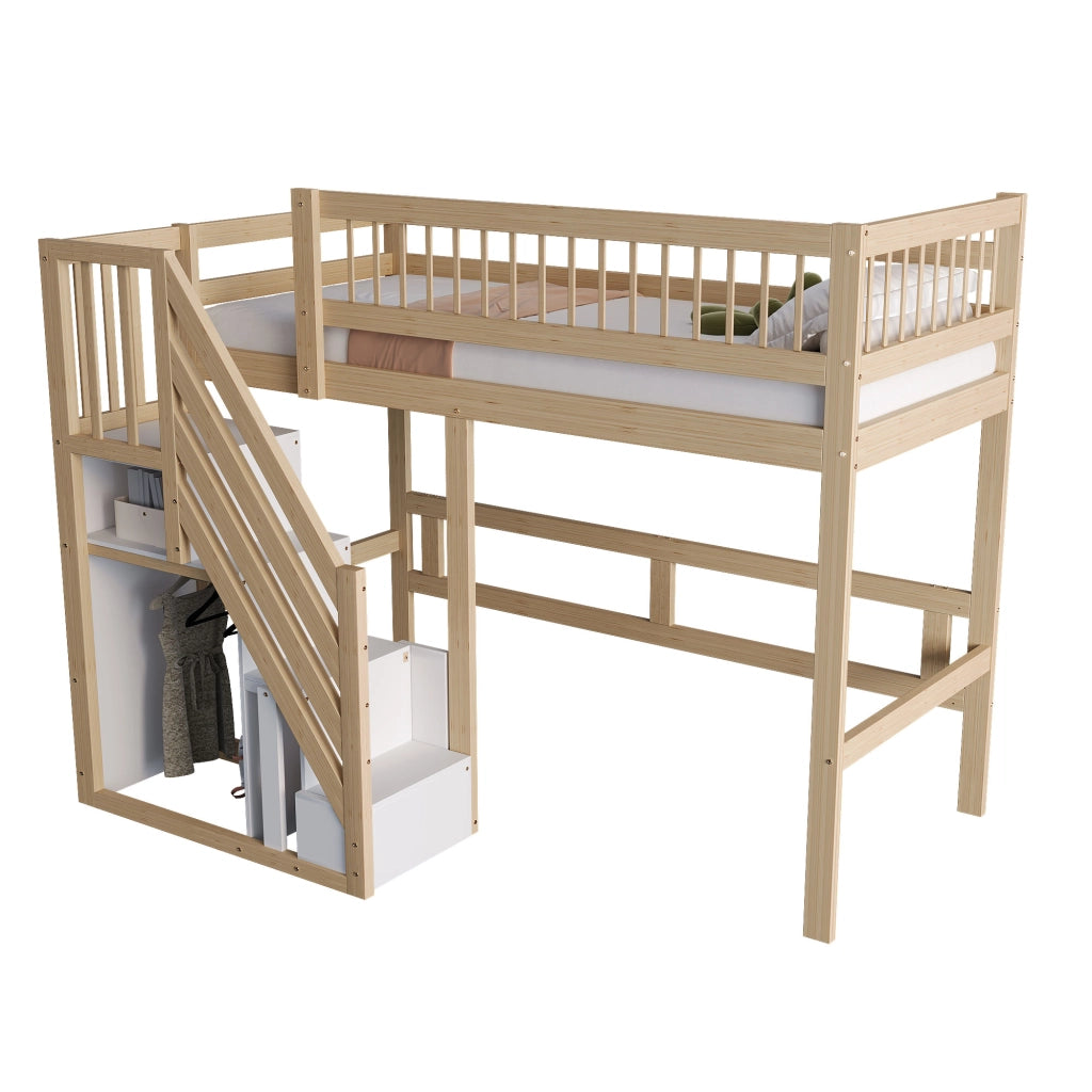 Letto a soppalco 90 × 200 cm con scala contenitore e sponde alte in legno colore naturale