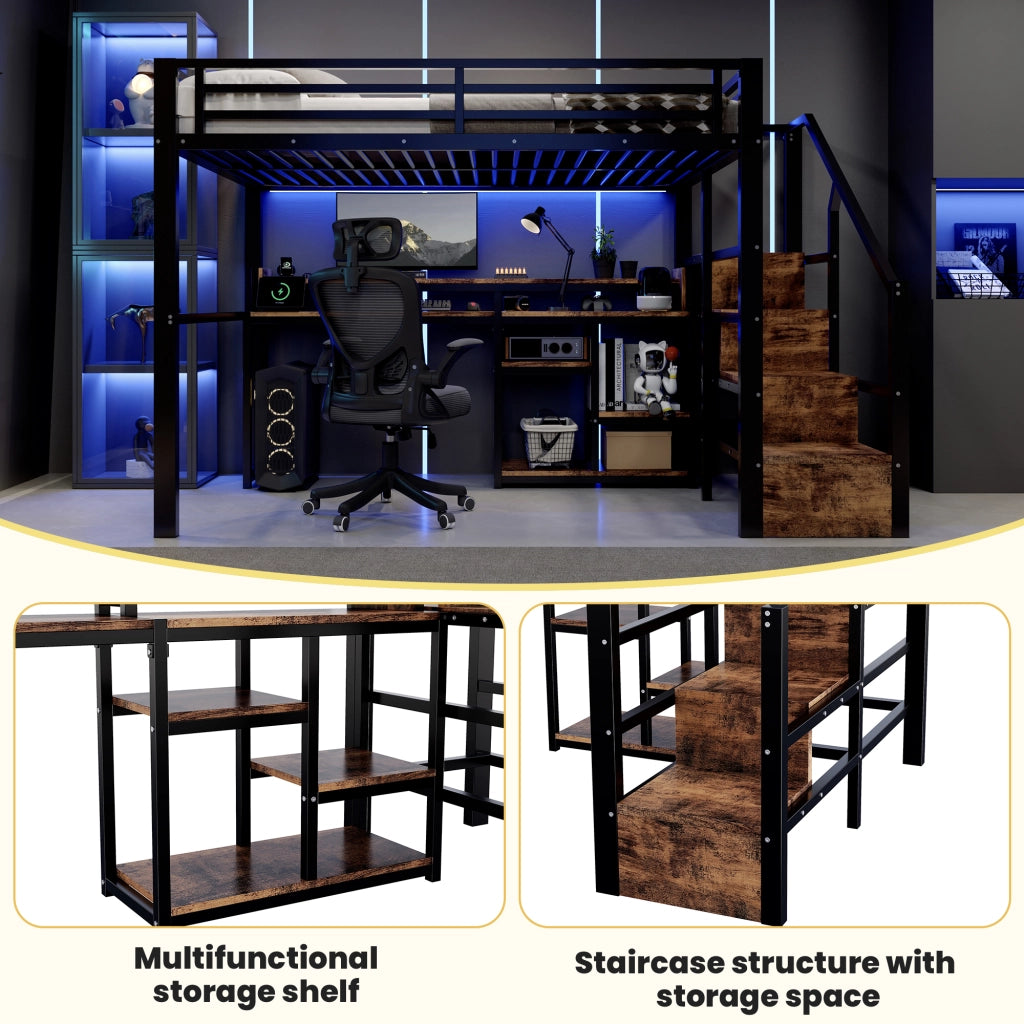Letto a soppalco 140 × 200 cm in metallo e MDF nero con armadio scala ripiani LED USB e Type-C