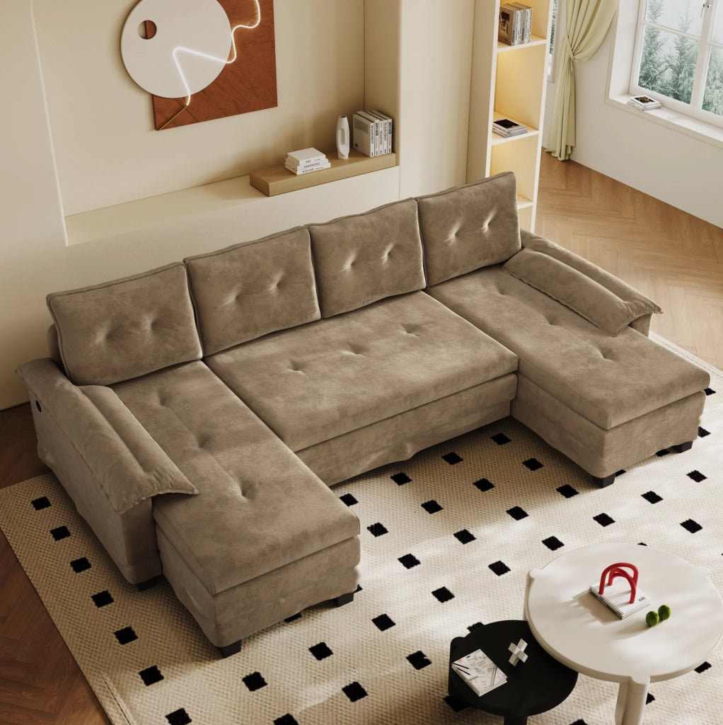 Divano letto modulare a U ULEVR 278x127 cm con letto estraibile, USB e cuscini bracciolo removibili, khaki