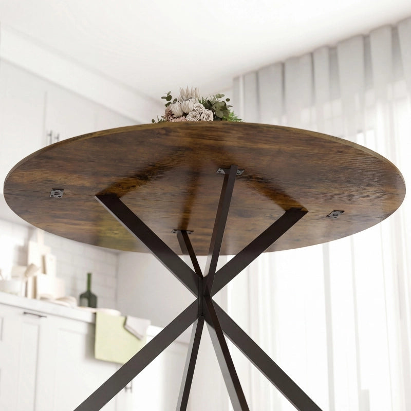 Tavolo da pranzo rotondo per 4 persone con gambe in acciaio a X e piano in legno marrone rustico diametro 120 cm