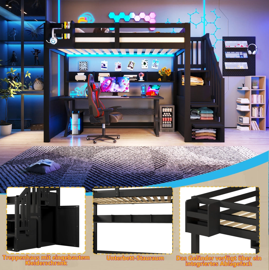 LETTO A SOPPALCO 90x200 cm Nero con Scala Contenitore e LED