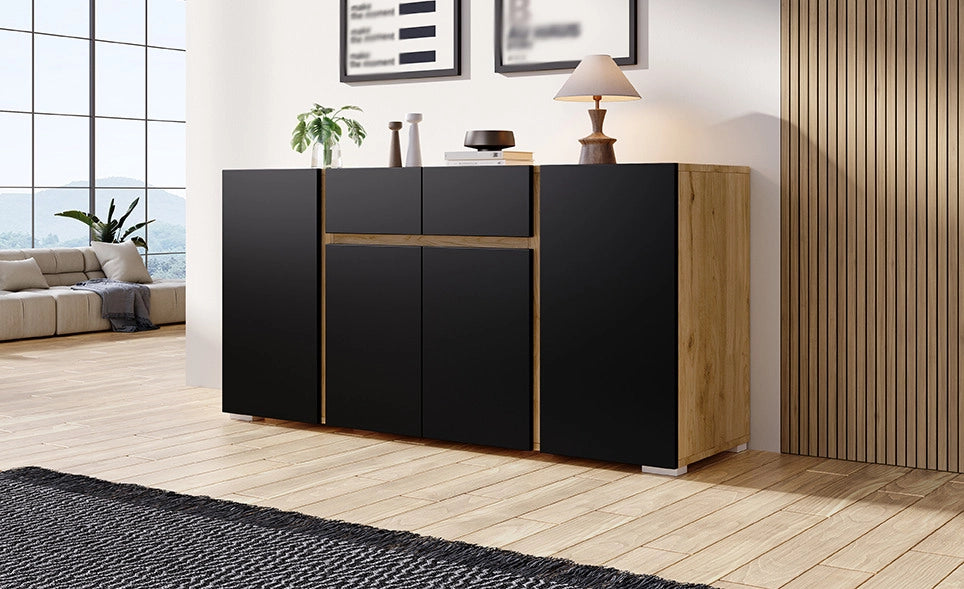 Sideboard in MDF 140x35x70 cm con 4 porte e 2 cassetti, design moderno nero e legno naturale