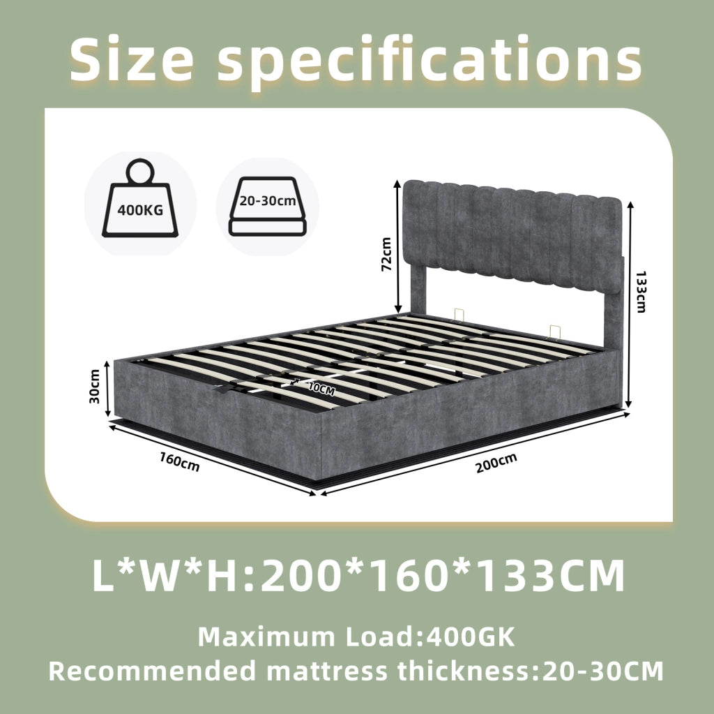 Letto imbottito moderno 160x200 cm con testiera morbida grigio e contenitore con meccanismo a gas