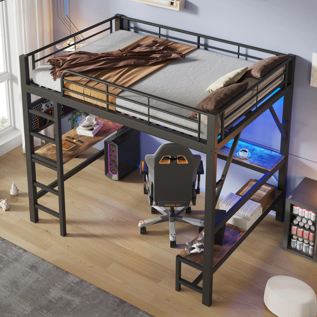 Letto a Soppalco 160x200 cm con Scrivania; LED; USB; USB-C; Scala e Sponde; Nero