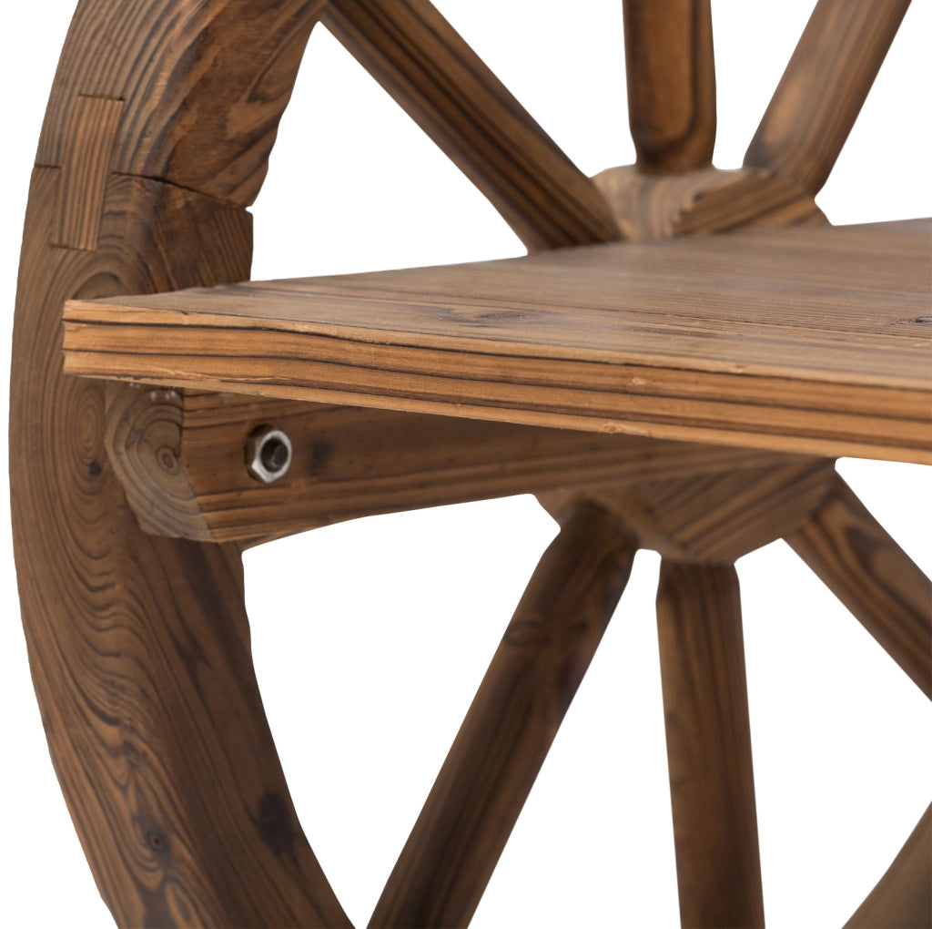Panchina da giardino in legno massello; braccioli a ruota di carro; 114 x 58 x 80 cm; marrone scuro