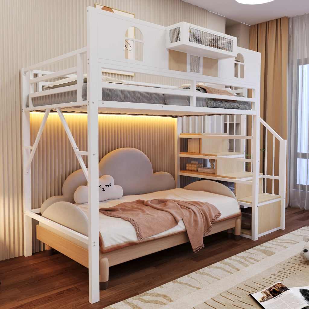 Letto a soppalco - letto singolo 90 x 200 cm in metallo con scaletta contenitore, illuminazione, ripiano e sponde rialzate, bianco