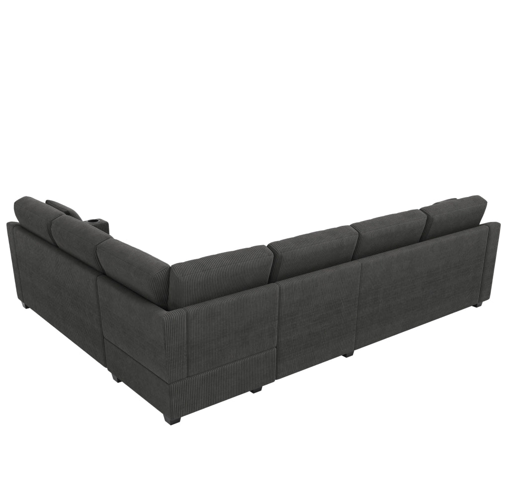 Divano angolare modulare a L 277x215 cm in tessuto corduroy grigio; 6-7 posti con 2 cuscini