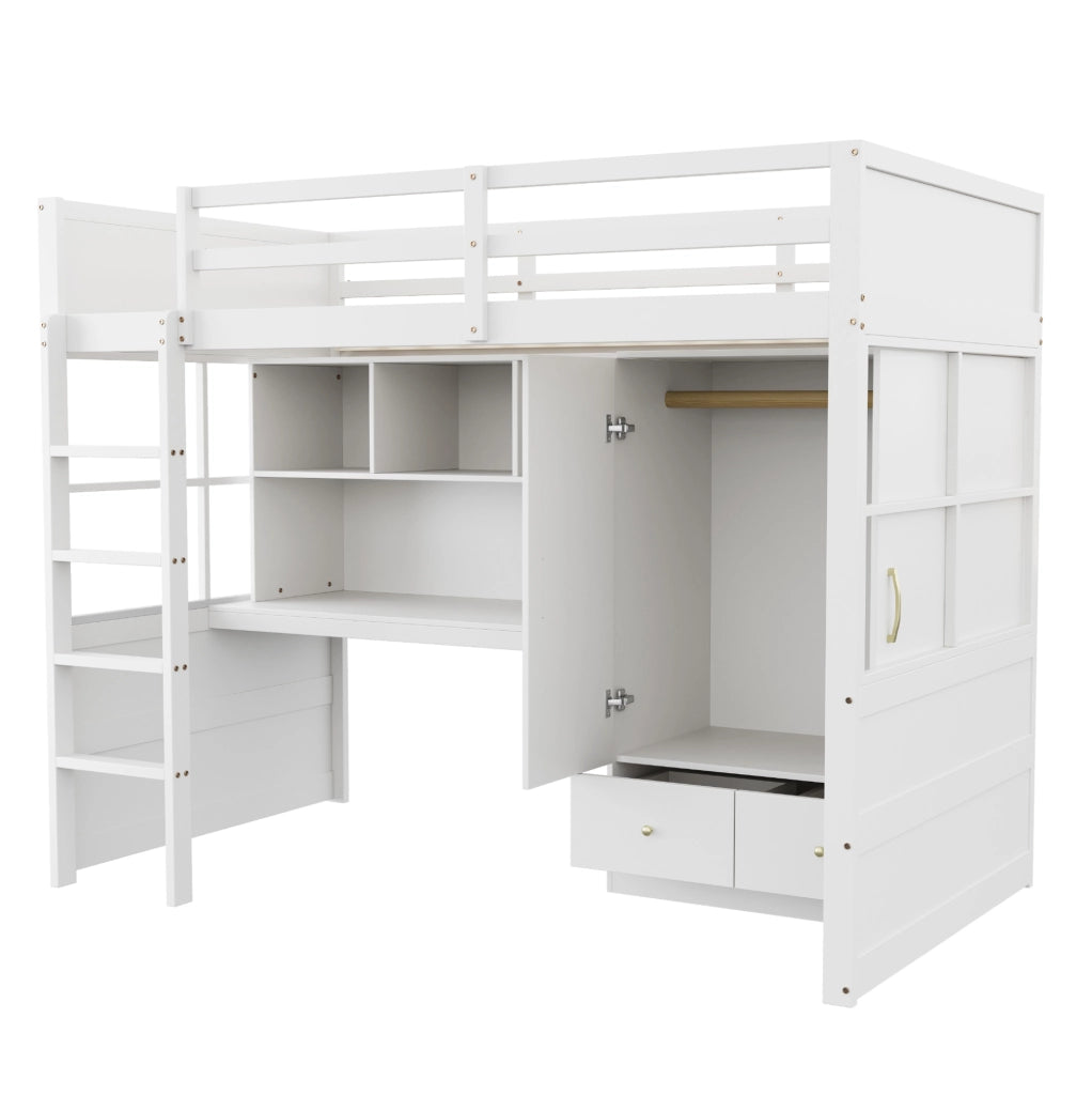Letto a soppalco 90x200 cm con scrivania, armadio e cassetti in pino bianco