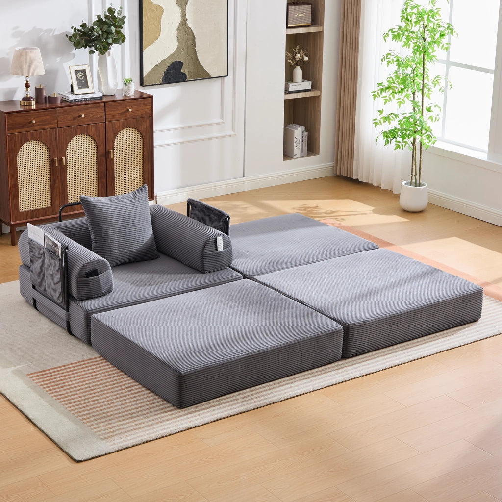 Poltrona con pouf modulare a compressione con tasca laterale e cuscino in velluto a coste grigio scuro