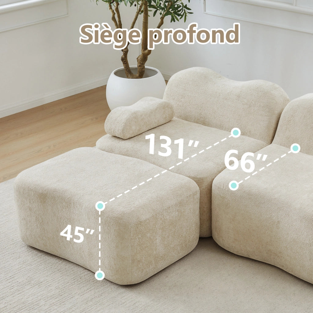 Divano modulare a L 4 posti in velluto beige con pouf; schiuma 32D; 384x167x70 cm