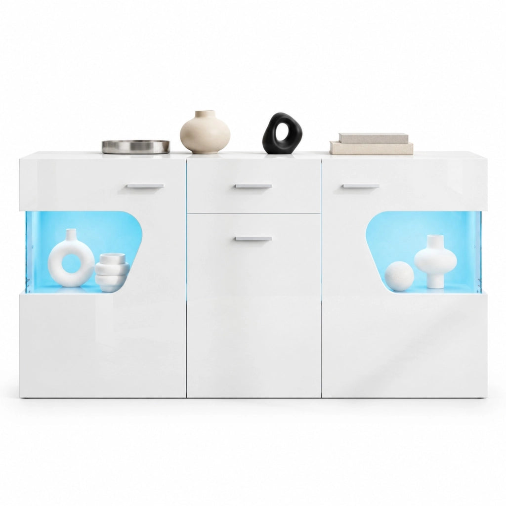 SIDEBOARD 140x33x70 cm Bianco Lucido in MDF con LED