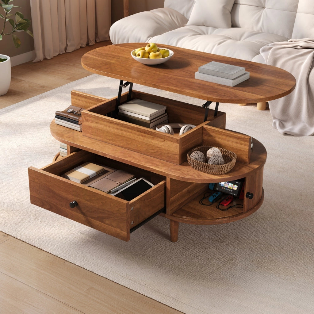 Tavolino da caffè ovale 105x50x60.5 cm con piano sollevabile idraulico in MDF noce