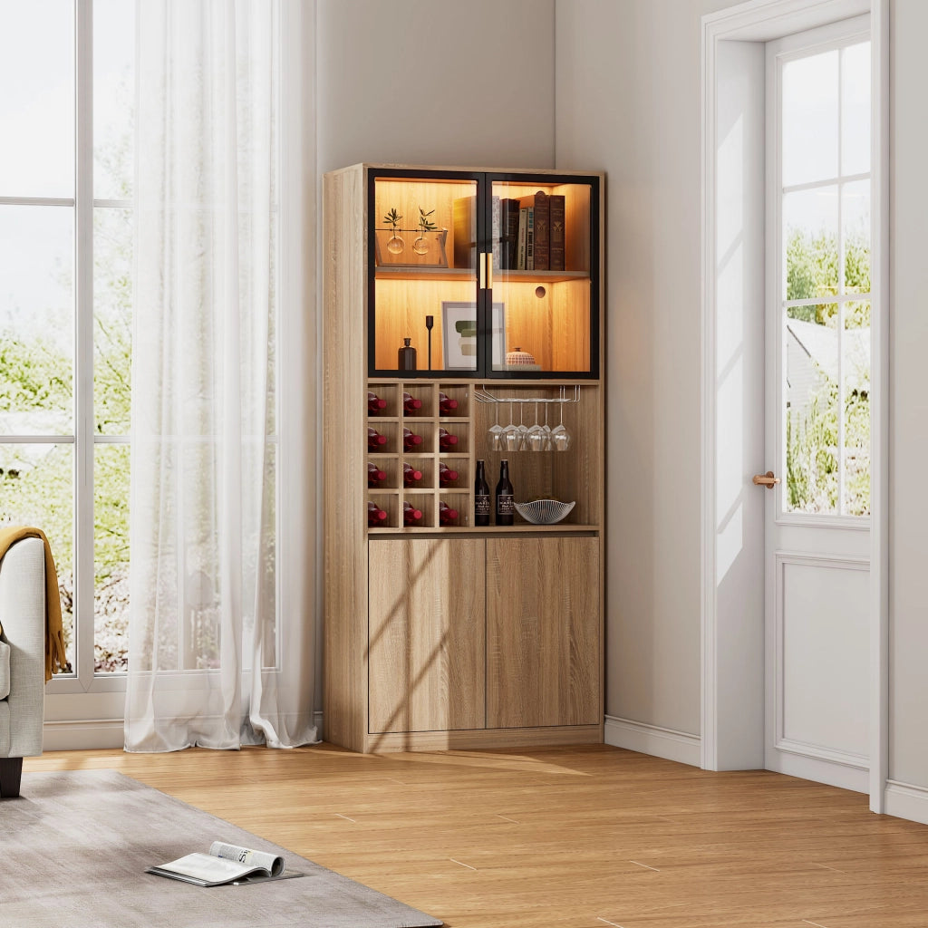 Vetrina con ante in vetro vani aperti e illuminazione a LED con portabicchieri removibile in MDF naturale