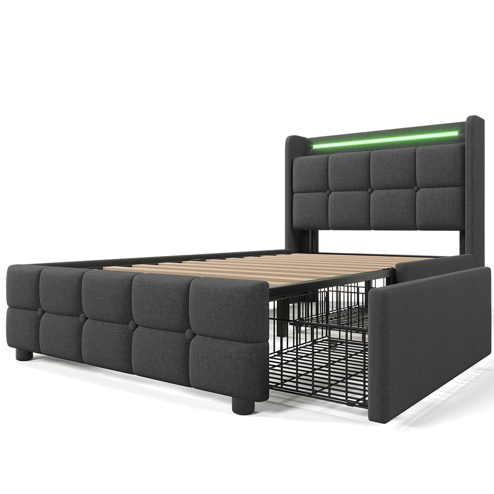 Letto imbottito con testiera e illuminazione LED, 2 cassetti, funzione di ricarica USB, Grigio - Xylo - 90x200cm